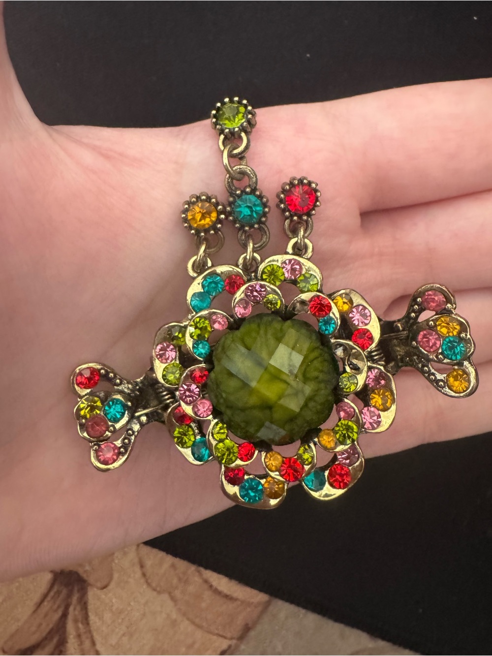 Multicolor Crystal Floral Statement Hair Clip with Olive Center